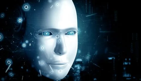 XAI Robot humanoid face close up with graphic concept of AI thinking brain Stock Illustration