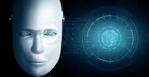 XAI Robot humanoid face close up with graphic concept of AI thinking brain Stock Illustration