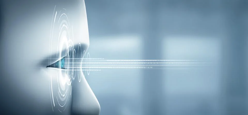 XAI Robot humanoid face close up with graphic concept of AI thinking brain Stockillustratie