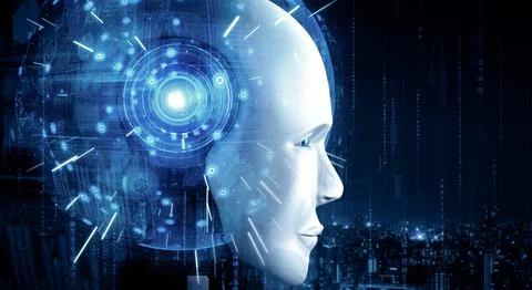 XAI Robot humanoid face close up with graphic concept of AI thinking brain Stockillustratie