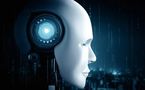 XAI Robot humanoid face close up with graphic concept of AI thinking brain 스톡 일러스트