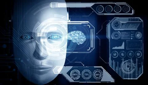 XAI Robot humanoid face close up with graphic concept of big data analytic Illustrazione stock