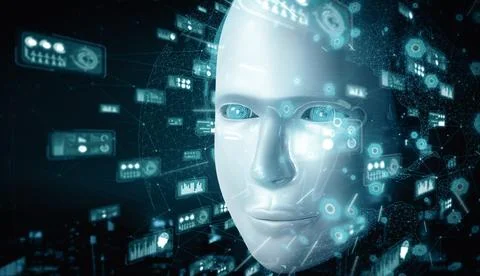 XAI Robot humanoid face close up with graphic concept of big data analytic Stock Illustration