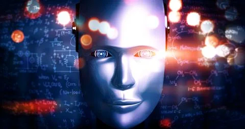 XAI Robot humanoid face close up with graphic concept of engineering science Stockillustratie