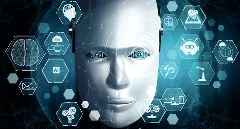 XAI Robot humanoid face close up with graphic concept of AI thinking brain 스톡 일러스트