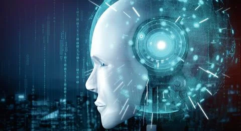 XAI Robot humanoid face close up with graphic concept of AI thinking brain Stockillustratie