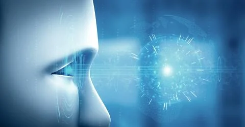 XAI Robot humanoid face close up with graphic concept of AI thinking brain Stock Illustration