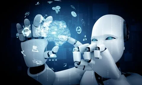 XAI Robot humanoid hold HUD hologram screen in concept of AI thinking brain Stockillustratie