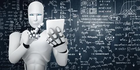 XAI Robot humanoid use mobile phone or tablet for engineering science studying Illustrazione stock