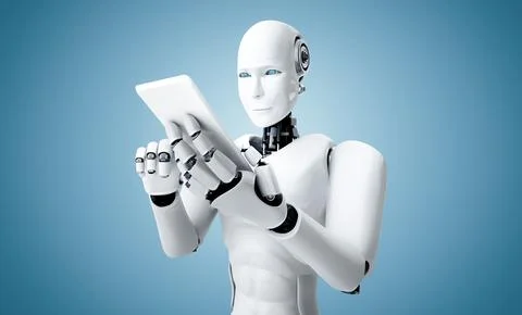 XAI Robot humanoid use mobile phone or tablet in future office Illustrazione stock