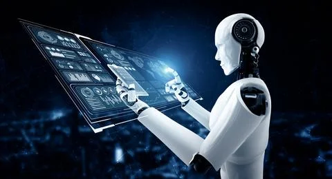 XAI Robot humanoid use mobile phone or tablet for big data analytic Stockillustratie