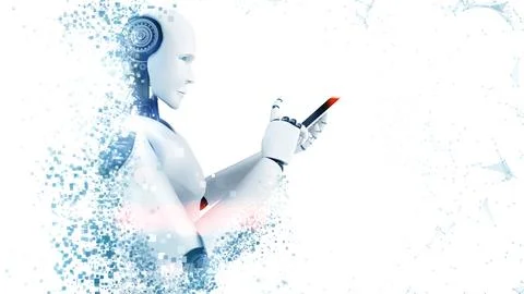 XAI Robot humanoid use mobile phone or tablet for global network connection 스톡 일러스트