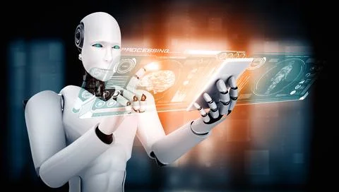 XAI Robot humanoid use mobile phone or tablet in concept of AI thinking brain Stock Illustration