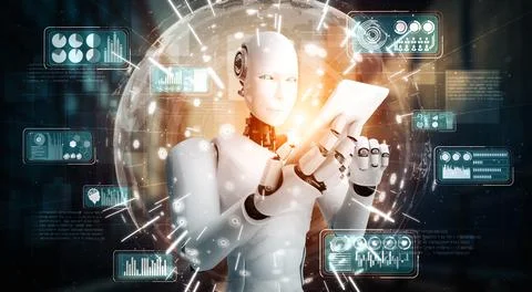 XAI Robot humanoid use mobile phone or tablet for big data analytic Stockillustratie