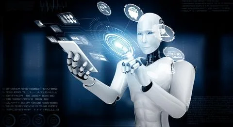 XAI Robot humanoid use mobile phone or tablet for big data analytic Illustrazione stock