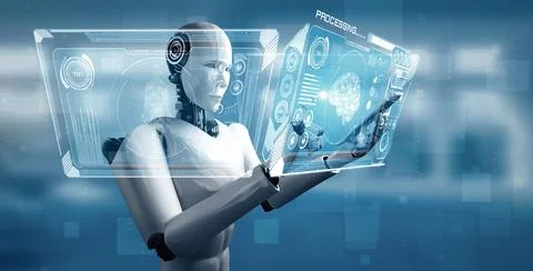 XAI Robot humanoid use mobile phone or tablet in concept of AI thinking brain Stock Illustration