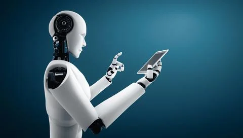 XAI Robot humanoid use mobile phone or tablet in future office Stock Illustration