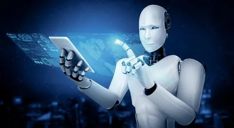 XAI Robot humanoid use mobile phone or tablet for big data analytic イラスト素材