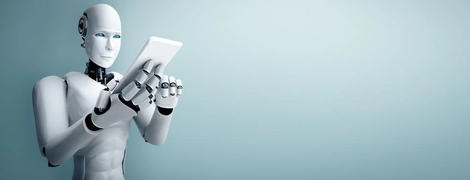 XAI Robot humanoid use mobile phone or tablet in future office Illustrazione stock