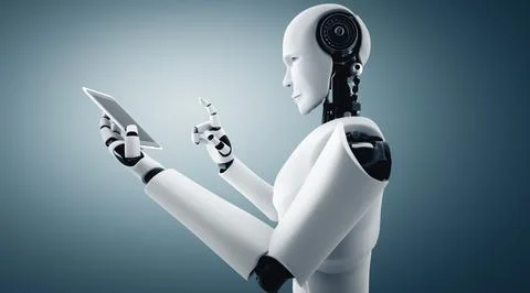 XAI Robot humanoid use mobile phone or tablet in future office Illustrazione stock