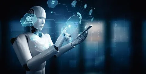 XAI Robot humanoid use mobile phone or tablet for global network connection Stock Illustration