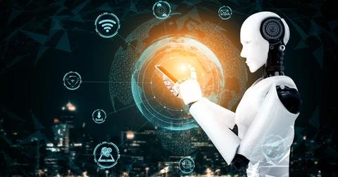 XAI Robot humanoid use mobile phone or tablet for global network connection Stock Illustration