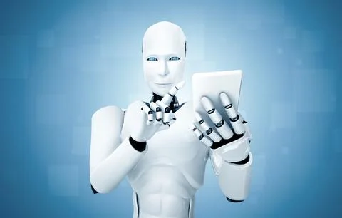 XAI Robot humanoid use mobile phone or tablet in future office Stock Illustration