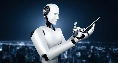 XAI Robot humanoid use mobile phone or tablet in future office Stock Illustration