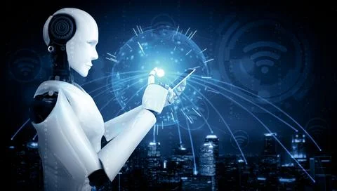 XAI Robot humanoid use mobile phone or tablet for global network connection Stock Illustration