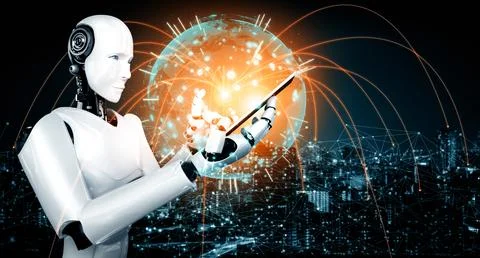XAI Robot humanoid use mobile phone or tablet for global network connection Stock Illustration