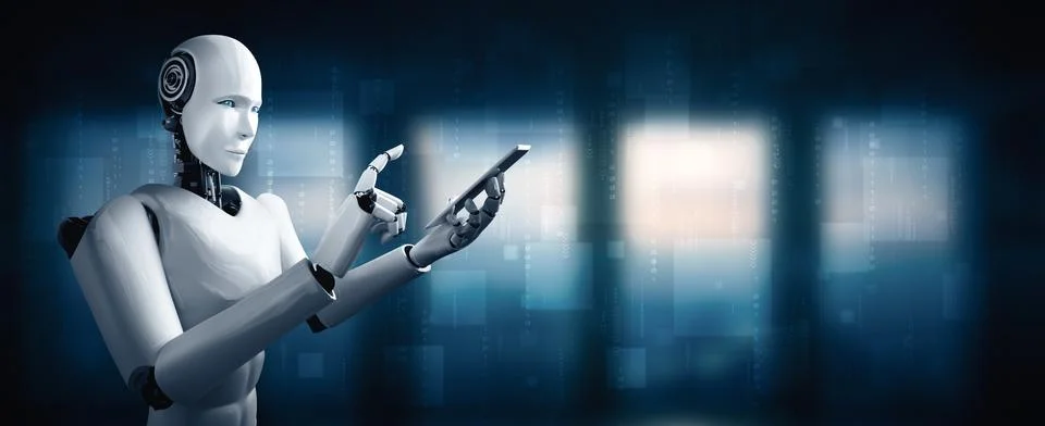 XAI Robot humanoid use mobile phone or tablet in future office Stock Illustration