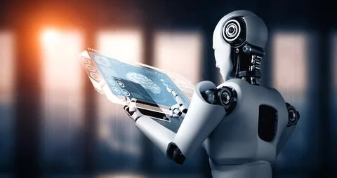 XAI Robot humanoid using tablet computer for big data analytic Stock Illustration