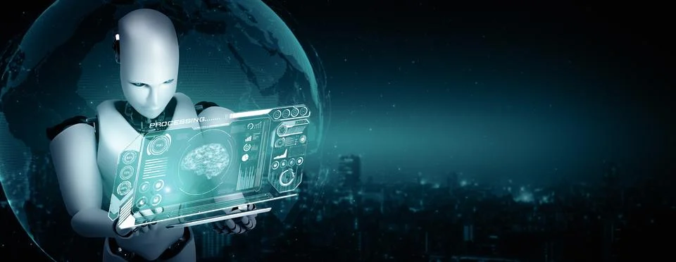 XAI Robot humanoid using tablet computer in concept of AI thinking brain 스톡 일러스트