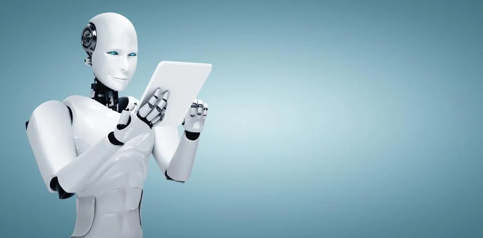 XAI Robot humanoid using tablet computer in future office Stockillustratie