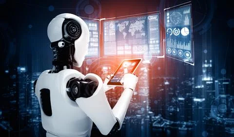 XAI Robot humanoid using tablet computer for big data analytic Stock Illustration