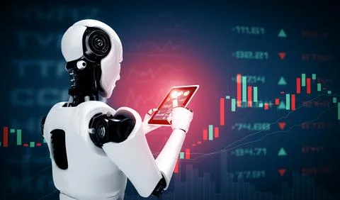 XAI Robot humanoid using tablet computer in concept of stock market trading Stock Illustration