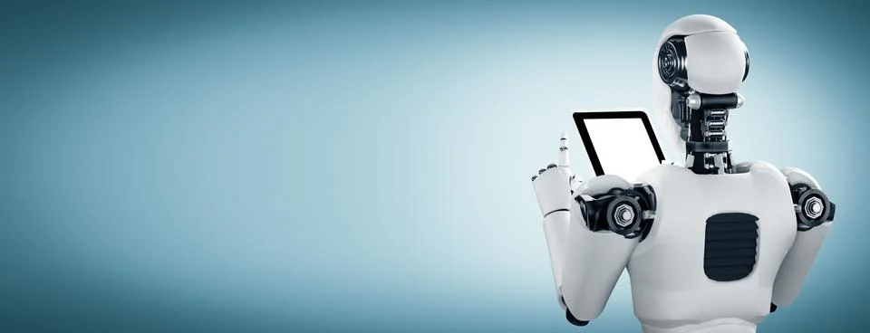 XAI Robot humanoid using tablet computer in future office Stockillustratie