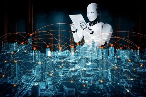 XAI Robot humanoid using tablet computer for global network connection 库存插图