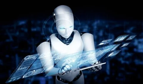 XAI Robot humanoid using tablet computer for big data analytic Illustrazione stock