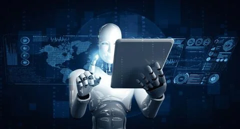 XAI Robot humanoid using tablet computer for global network connection Stock Illustration