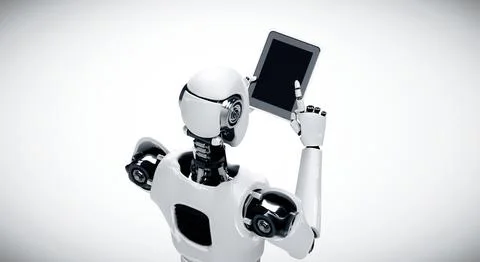 XAI Robot humanoid using tablet computer in future office Stock Illustration