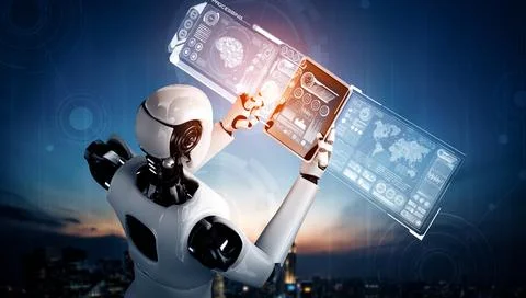 XAI Robot humanoid using tablet computer for big data analytic Stock Illustration