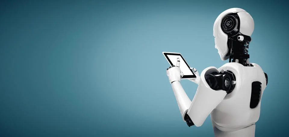 XAI Robot humanoid using tablet computer in future office Stock Illustration