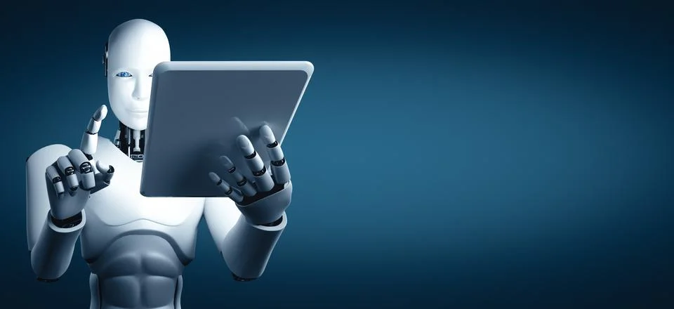 XAI Robot humanoid using tablet computer in future office Stock Illustration