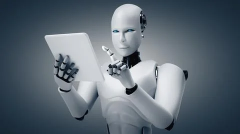 XAI Robot humanoid using tablet computer in future office Stockillustratie