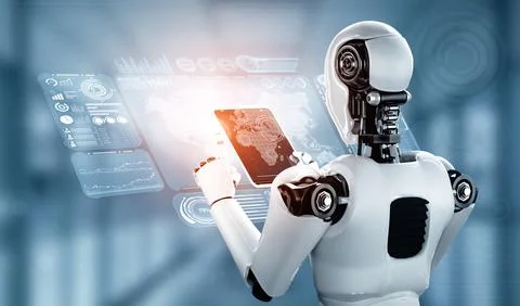 XAI Robot humanoid using tablet computer for global network connection 库存插图