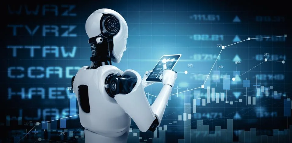 XAI Robot humanoid using tablet computer in concept of stock market trading Stock Illustration