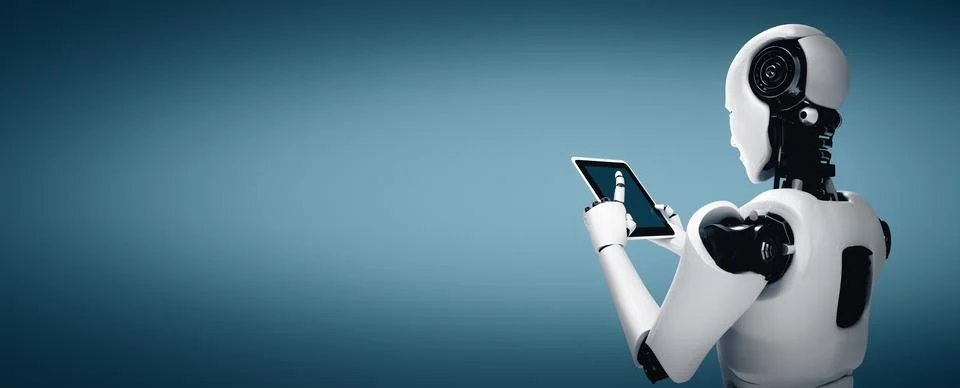 XAI Robot humanoid using tablet computer in future office Stockillustratie