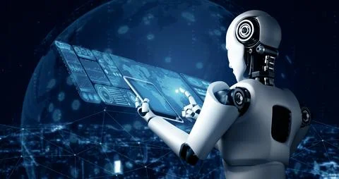 XAI Robot humanoid using tablet computer for big data analytic Stock Illustration