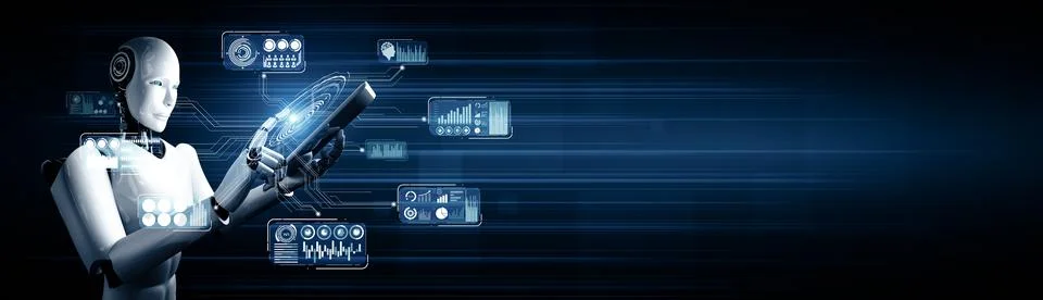XAI Robot humanoid using tablet computer for big data analytic Illustrazione stock